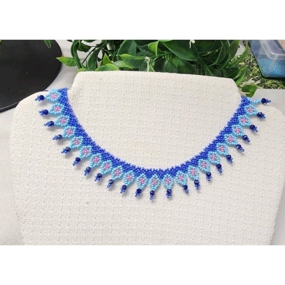 Blue Zcech Glass Seed Beads Women's Necklace. Blue Color